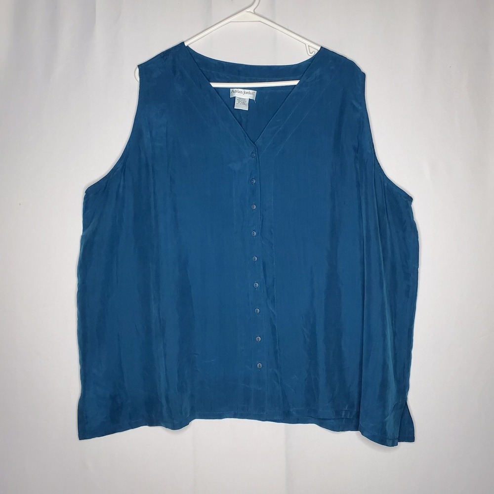 Adrian Jordan Silk Button Top Women 22/24‎ 3X Vtg Teal Jewel-Tone Sleeveless 90s